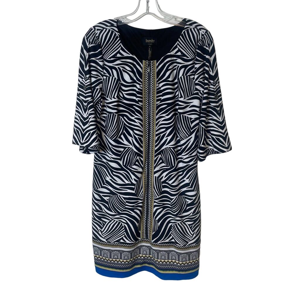Laundry by Shelli Segal Zebra Print Short Tab Sleeve and 3/4 Zip Dress Sz 8